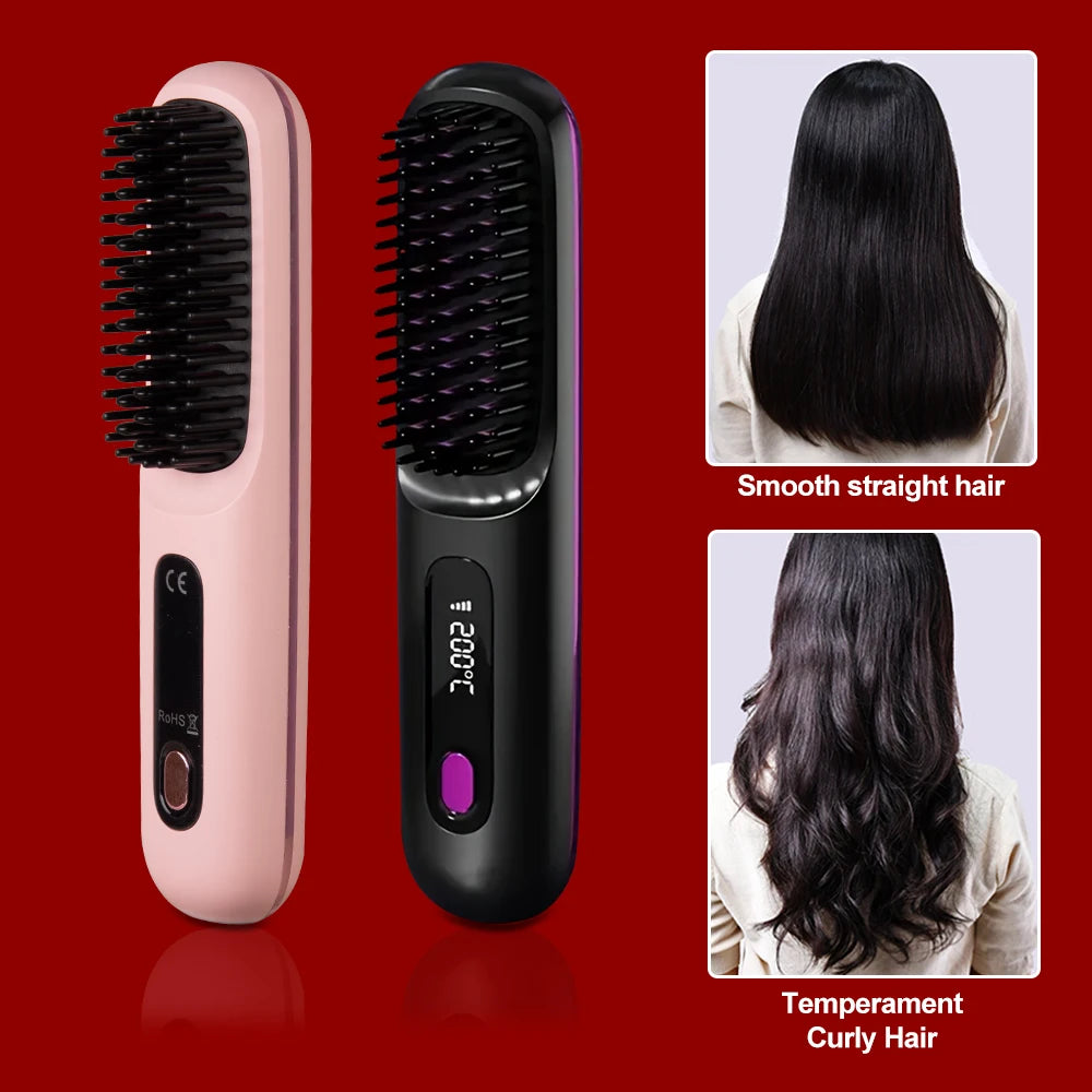 Electric Hair Straightener Brush – Portable, Fast‑Heating, USB‑Rechargeable, Negative Ions Professional Straightening Comb