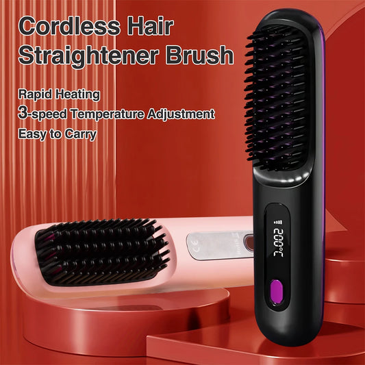 Electric Hair Straightener Brush – Portable, Fast‑Heating, USB‑Rechargeable, Negative Ions Professional Straightening Comb