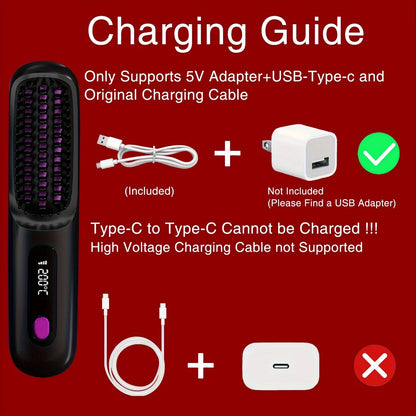 Electric Hair Straightener Brush – Portable, Fast‑Heating, USB‑Rechargeable, Negative Ions Professional Straightening Comb