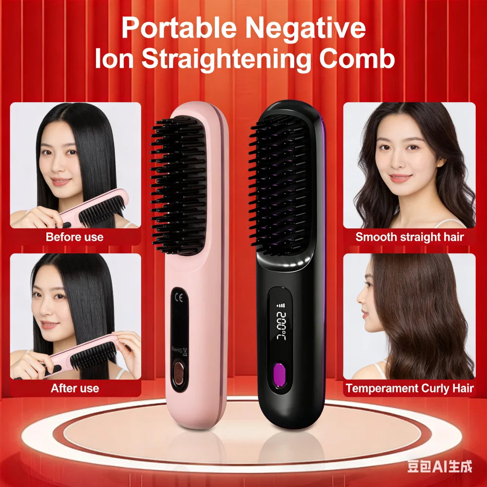 Electric Hair Straightener Brush – Portable, Fast‑Heating, USB‑Rechargeable, Negative Ions Professional Straightening Comb