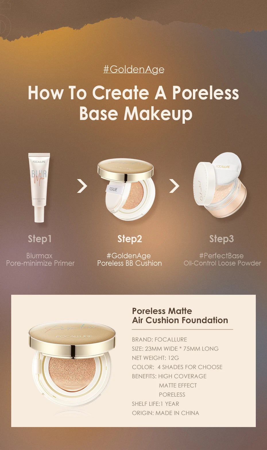 FOCALLURE Air Cushion Foundation – Waterproof Matte Base with Poreless, High‑Coverage Finish