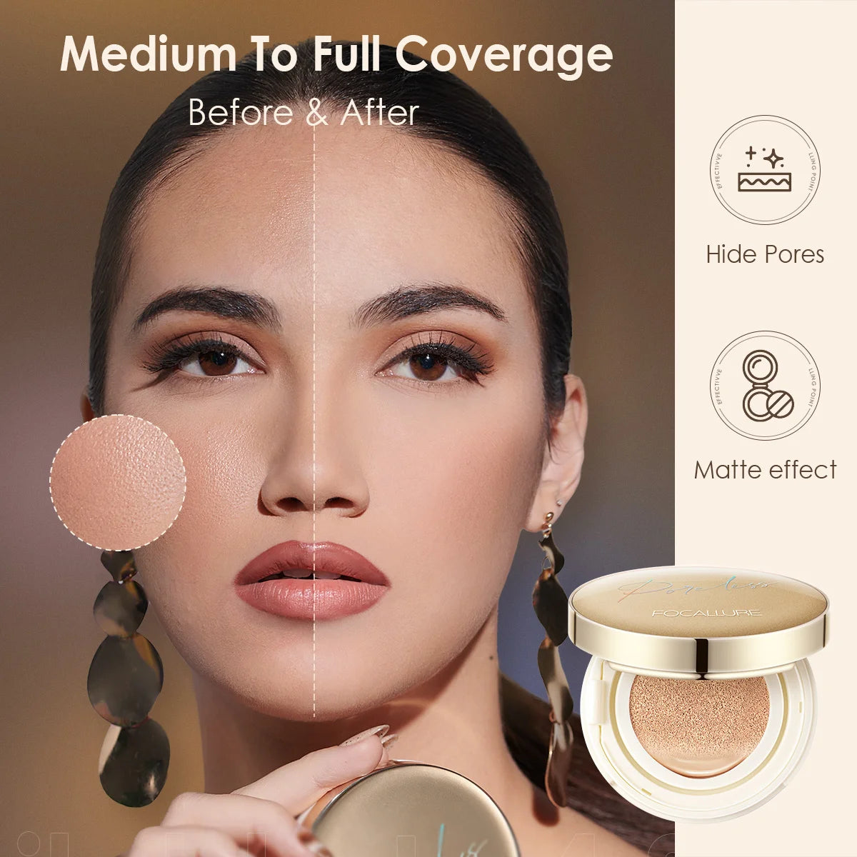 FOCALLURE Air Cushion Foundation – Waterproof Matte Base with Poreless, High‑Coverage Finish